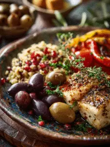 Mediterranean diet food list plate with olives, grains, and seasoned fish