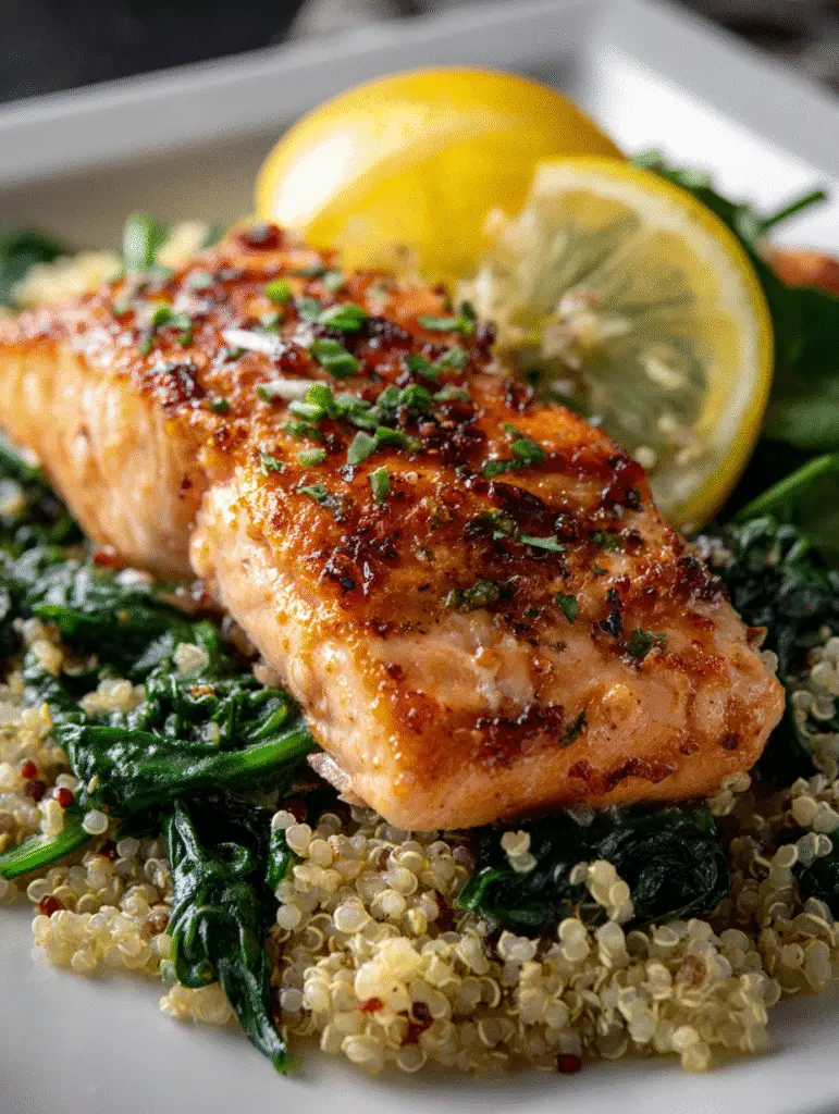 Mediterranean diet meal plan salmon with quinoa and spinach