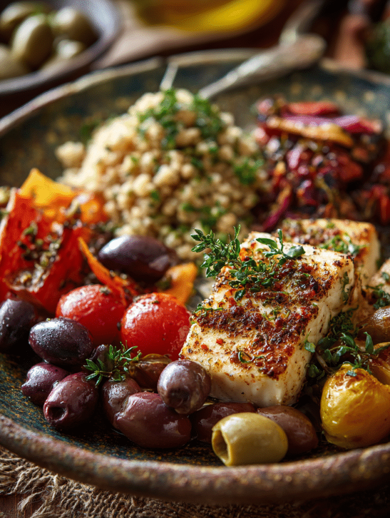Healthy Mediterranean diet food list meal with grains and olives