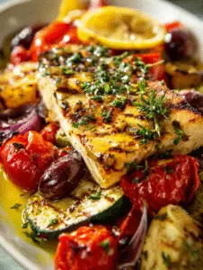 Mediterranean diet grilled fish with roasted vegetables and lemon