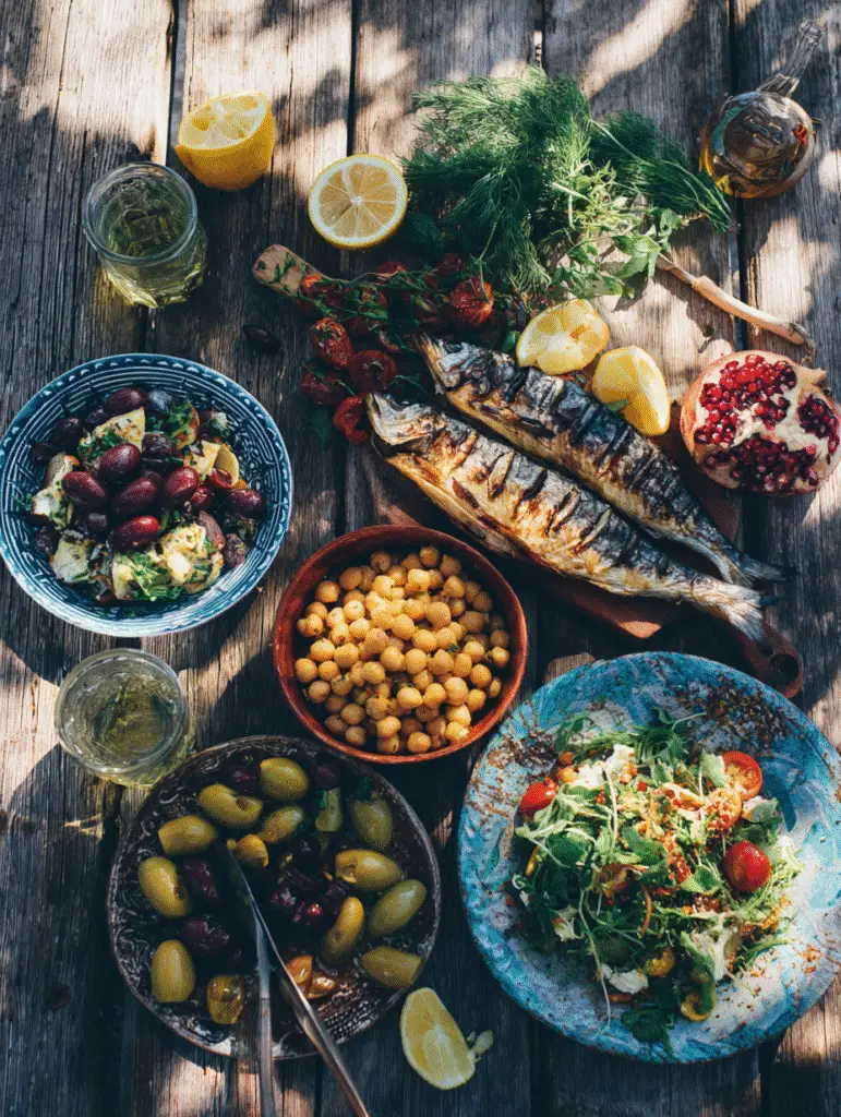 Mediterranean diet recipes spread with grilled fish, salad, and olives