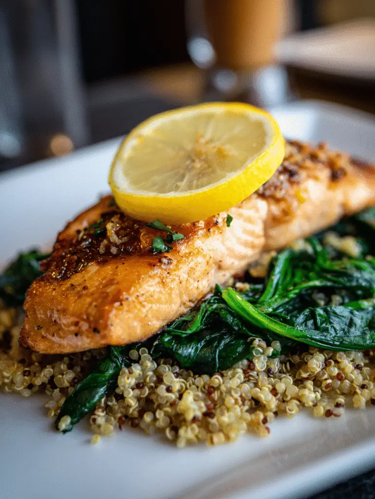 Grilled salmon with quinoa and spinach Mediterranean meal plan