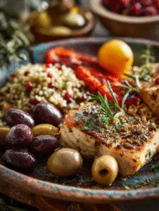 Healthy grilled fish Mediterranean meal on white plate