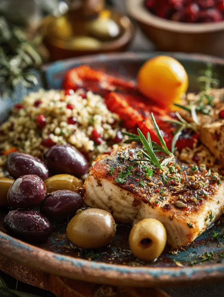 Healthy grilled fish Mediterranean meal on white plate