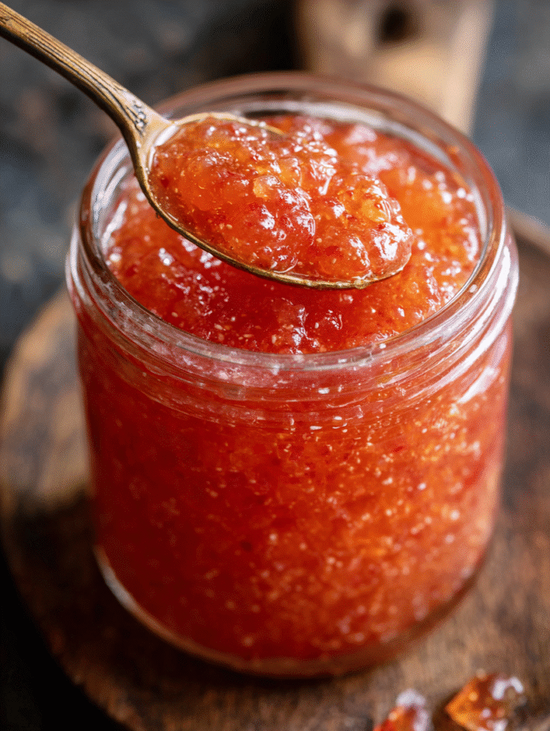 Peach and rhubarb jam preserves for breakfast