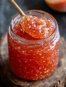 Homemade peach rhubarb jam with rustic wooden background