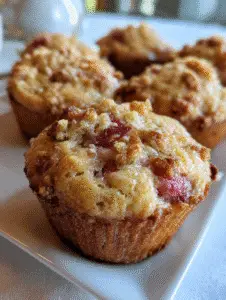 Rhubarb muffins with crumb topping on white plate