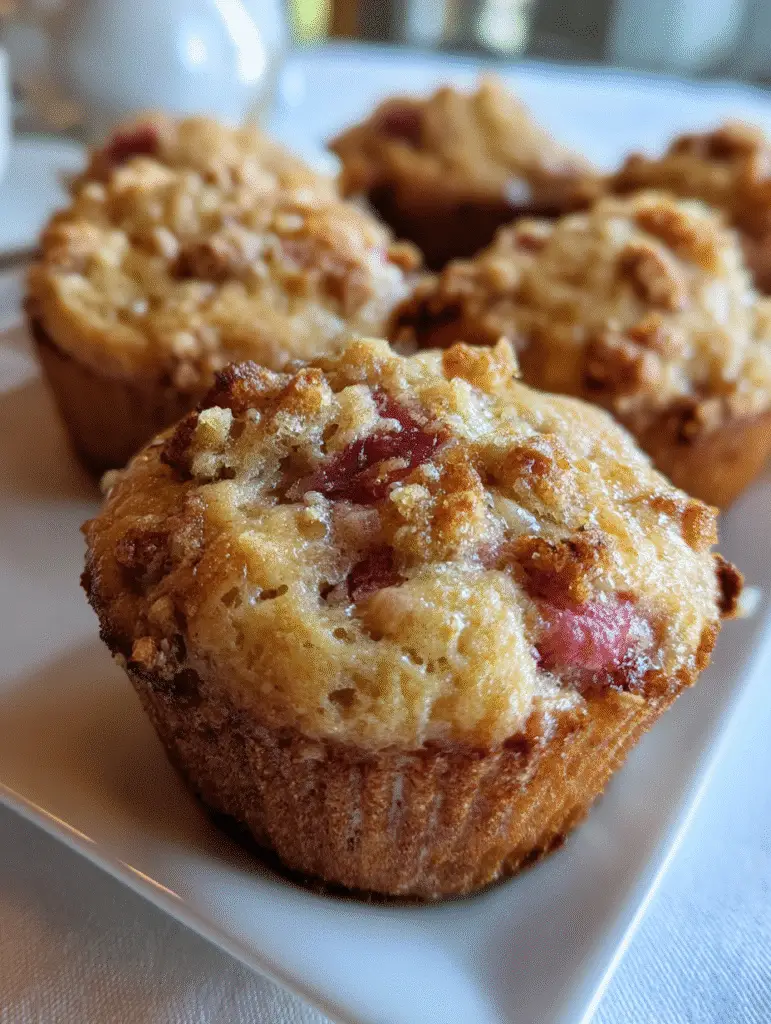 Rhubarb muffins with crumb topping on white plate