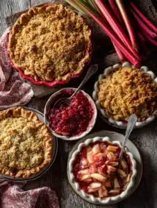 Rhubarb recipes collage of pies, crisps, and jam