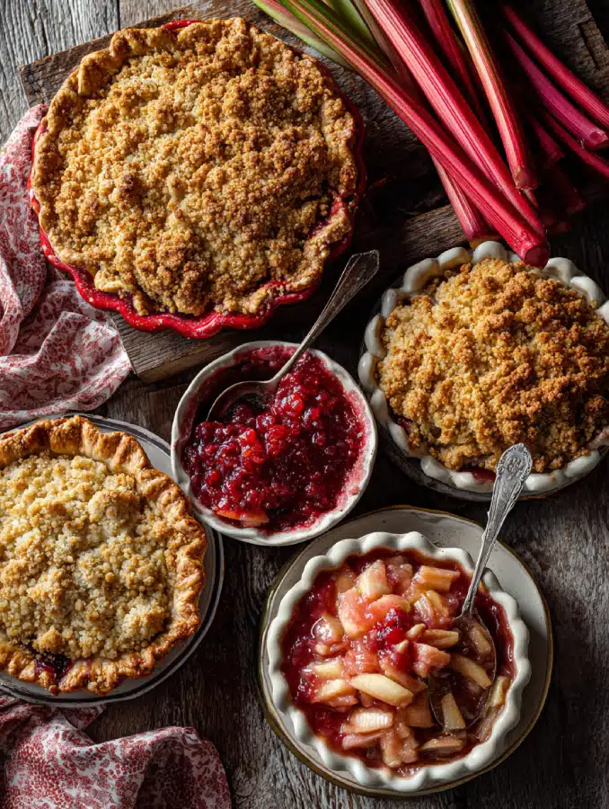 Rhubarb recipes collage of pies, crisps, and jam