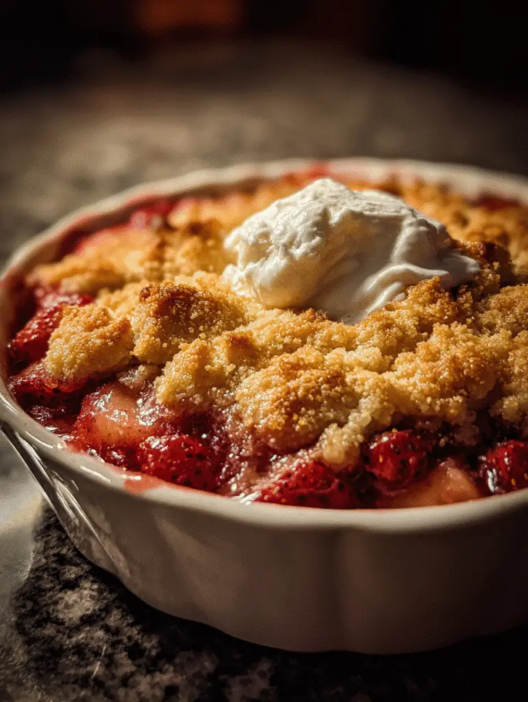 Strawberry rhubarb cobbler with golden biscuit topping and vanilla ice cream