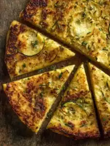 Traditional Italian zucchini scarpaccia recipe on wooden cutting board