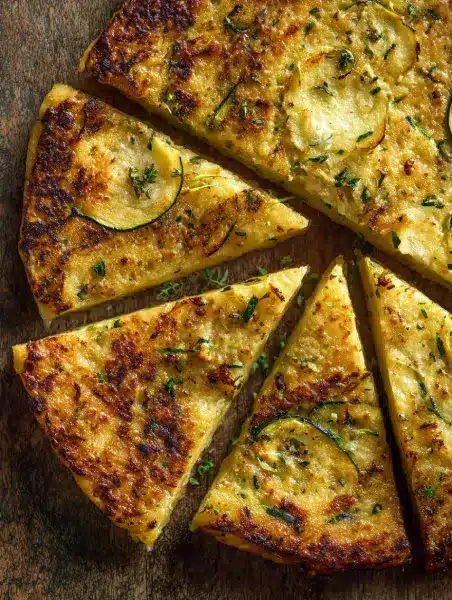 Traditional Italian zucchini scarpaccia recipe on wooden cutting board