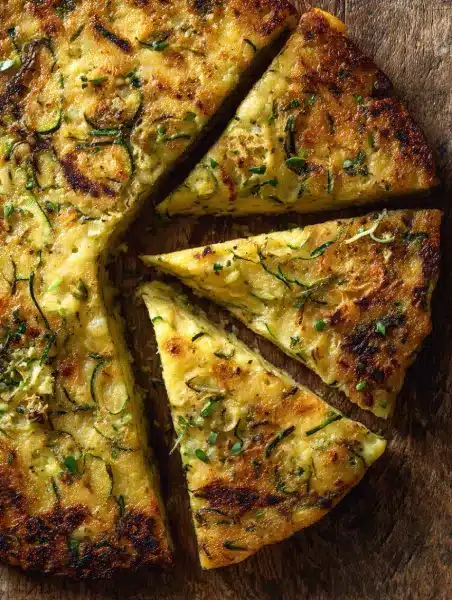 Close-up of thin, crispy zucchini scarpaccia with herbs