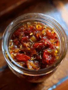 Apple rhubarb chutney in glass jar with spices
