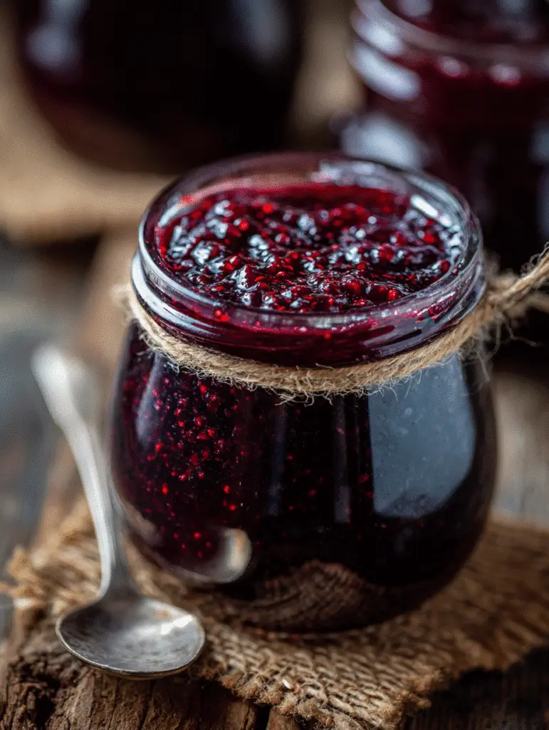 Blackberry Rhubarb Jam Recipe for Old-Fashioned Sweet-Tart Flavor Blackberry rhubarb jam recipe close-up in glass jar
