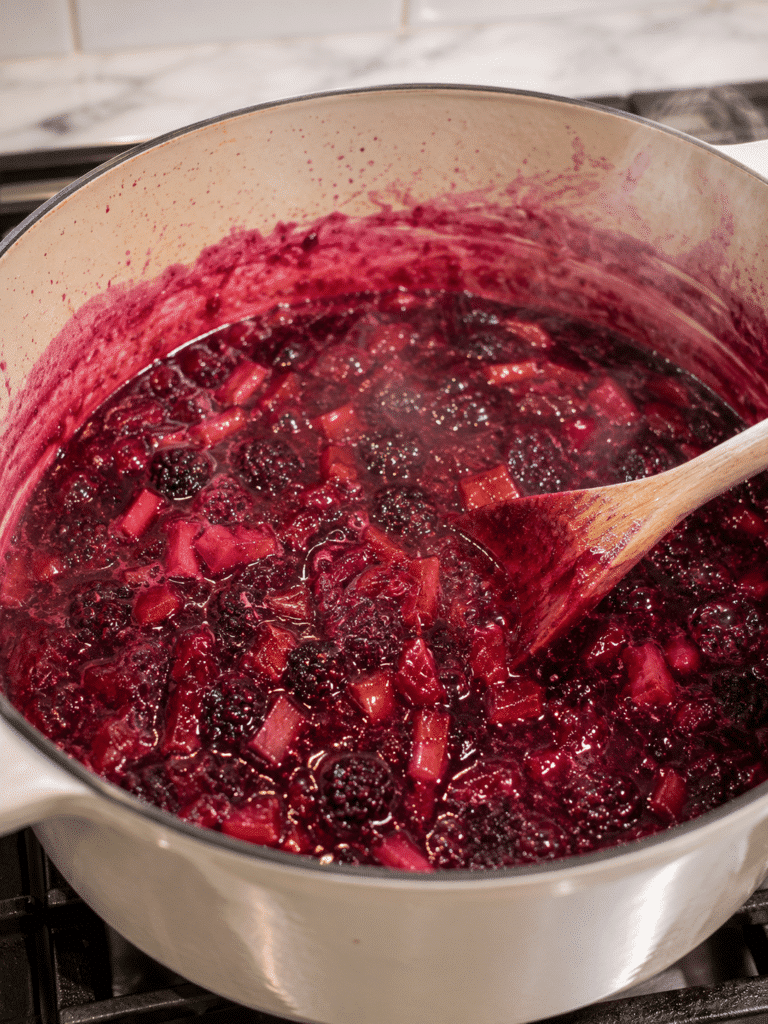 Blackberry rhubarb jam recipe simmering in enamel pot