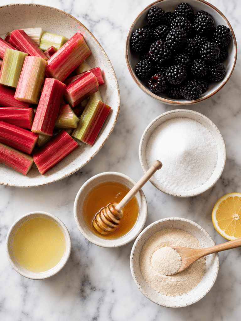 Ingredients for blackberry rhubarb jam recipe with fresh rhubarb and blackberries