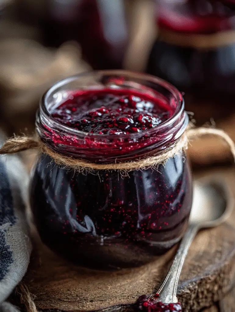 Blackberry Rhubarb Jam Recipe for Old-Fashioned Sweet-Tart Flavor Rustic blackberry rhubarb jam with deep purple color