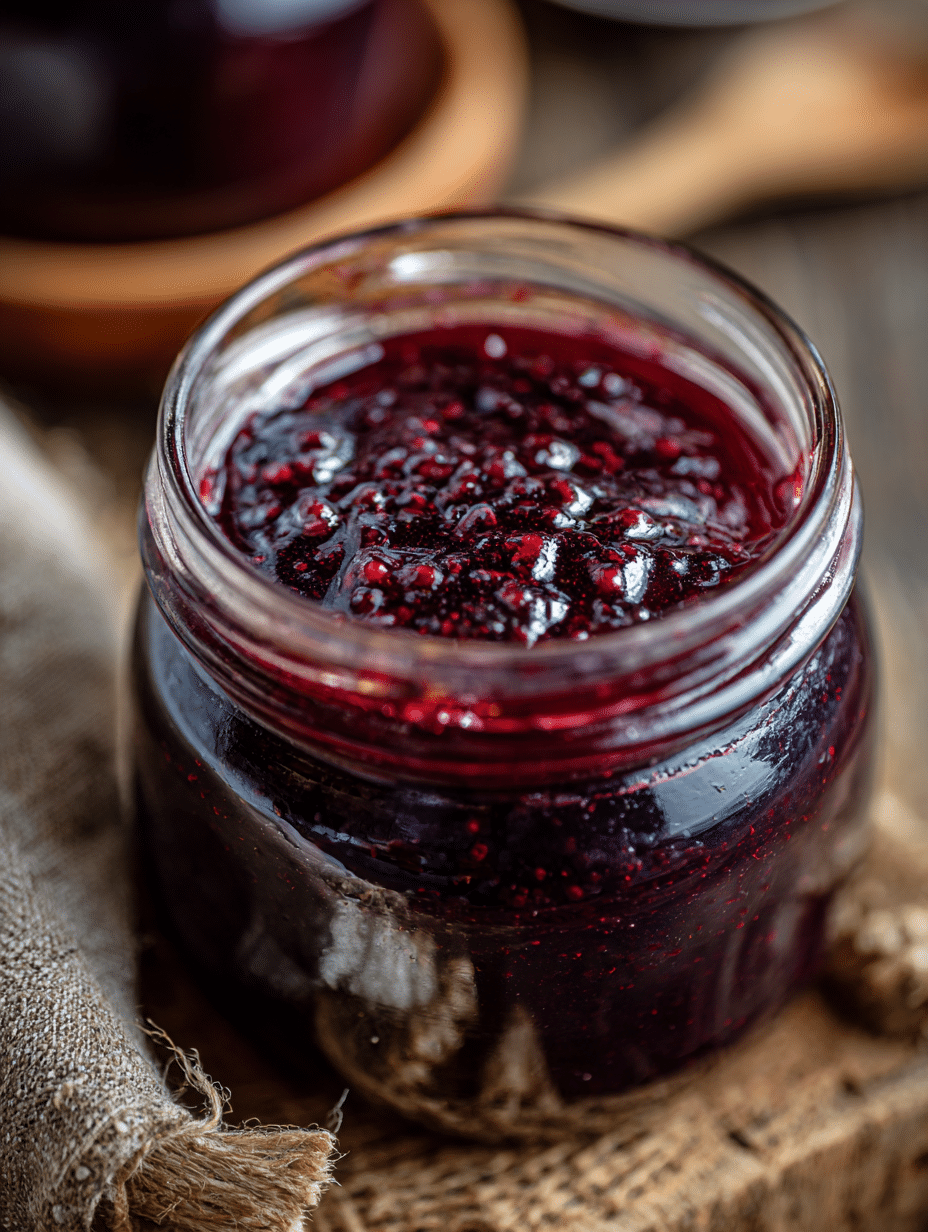 Blackberry Rhubarb Jam Recipe for Old-Fashioned Sweet-Tart Flavor Blackberry rhubarb jam in glass jar with rustic cloth