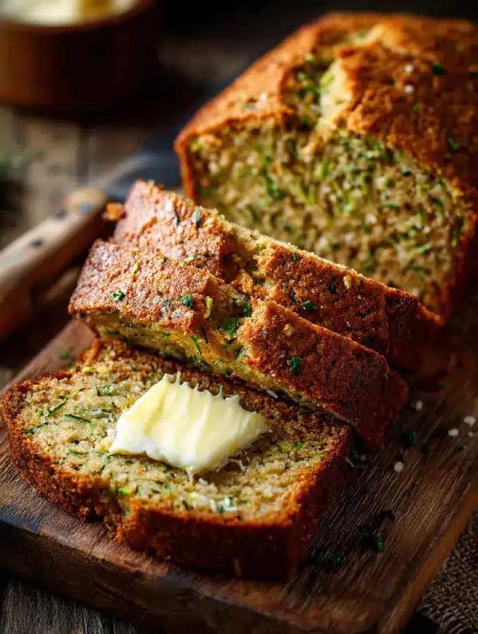 Whole zucchini bread loaf on a cooling rack