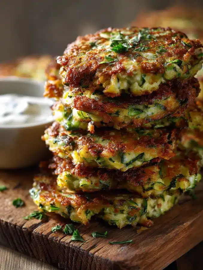 Crispy zucchini fritters stacked on a woody plate with dipping sauce
