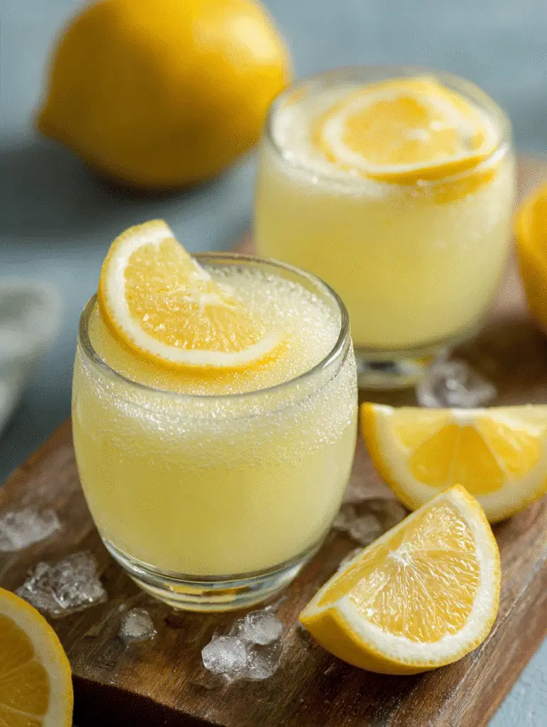 Gelatin trick drink with lemon slices on wooden board