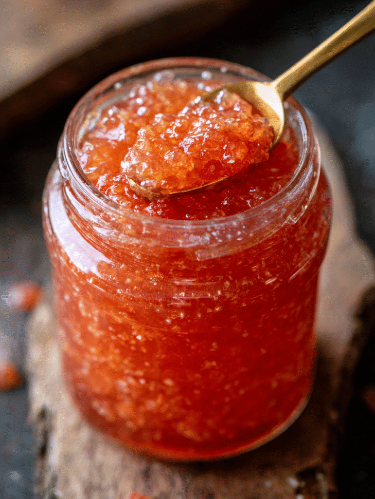 Peach rhubarb jam in glass jar with spoon