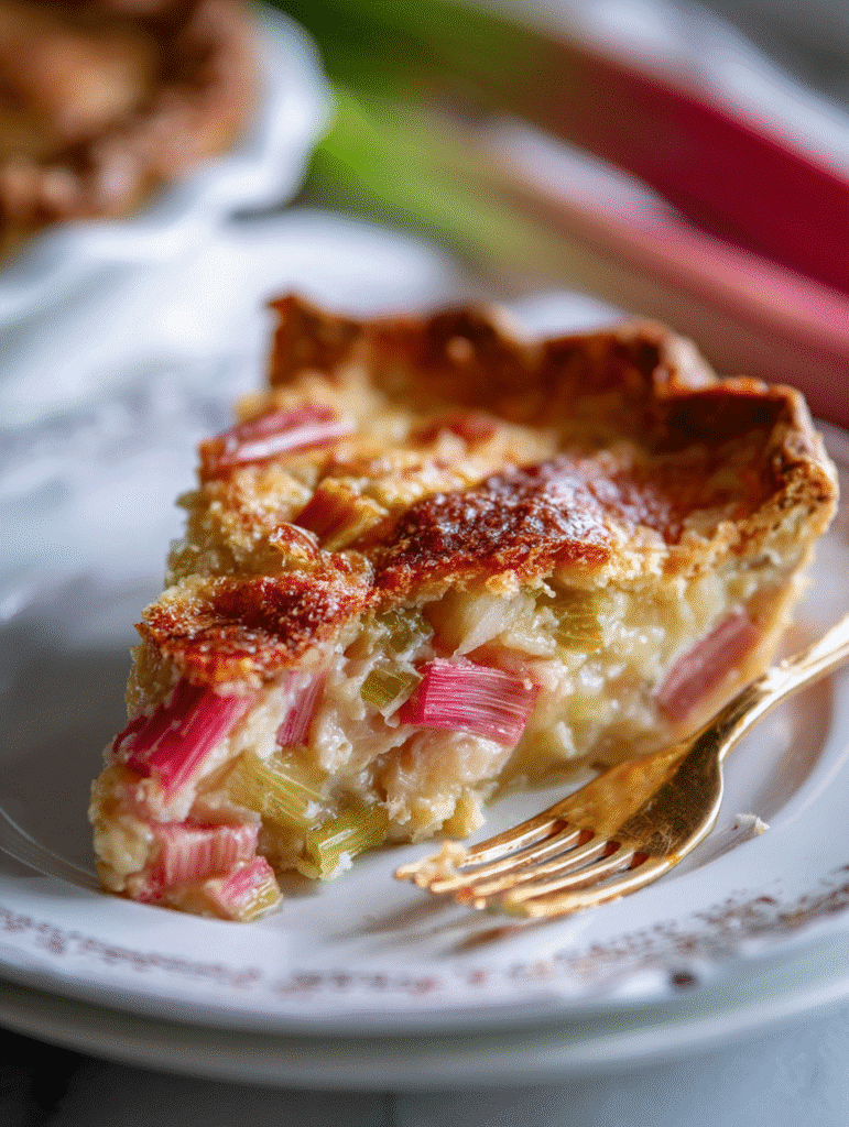Rhubarb custard pie slice on vintage white plate