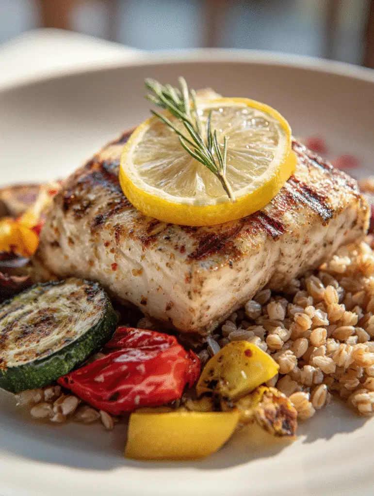 Mediterranean diet grilled fish with lemon, barley, and roasted vegetables