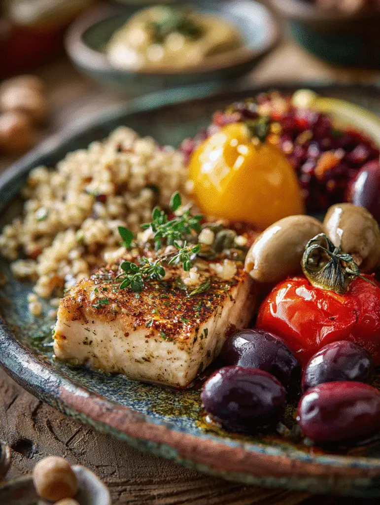 What is The Mediterranean diet: a meal with grilled tofu, olives, couscous, and roasted vegetables