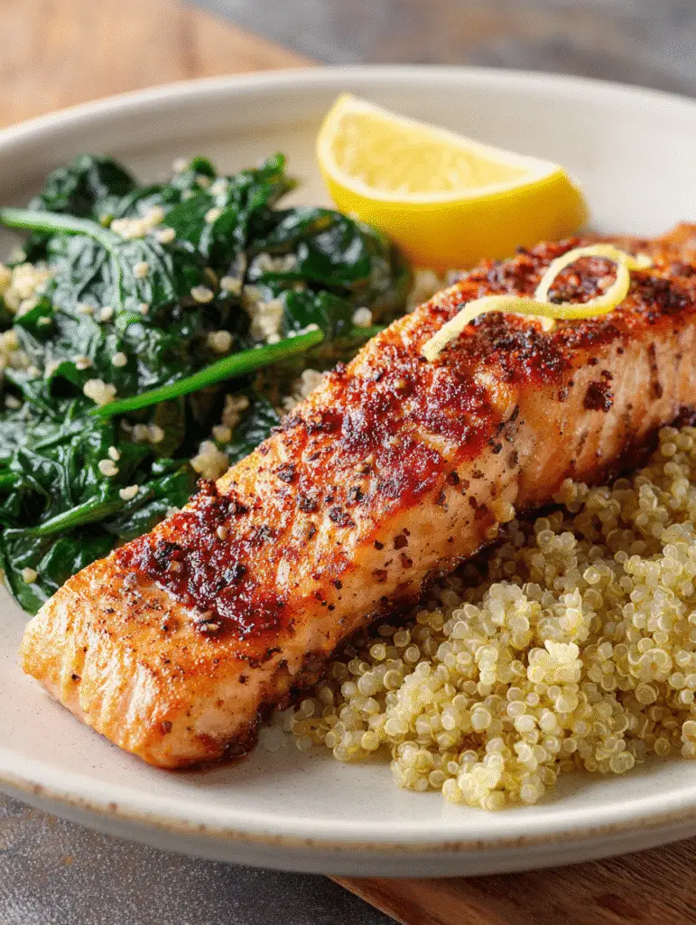 Mediterranean diet salmon dinner with lemon and quinoa