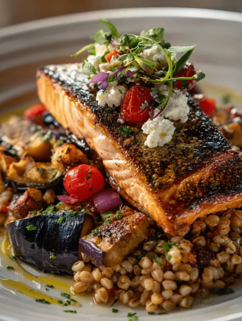 Mediterranean diet recipes plated meal with salmon, farro, and vegetables