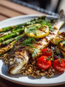 Mediterranean diet grilled whole fish with lemon, grains, and vegetables