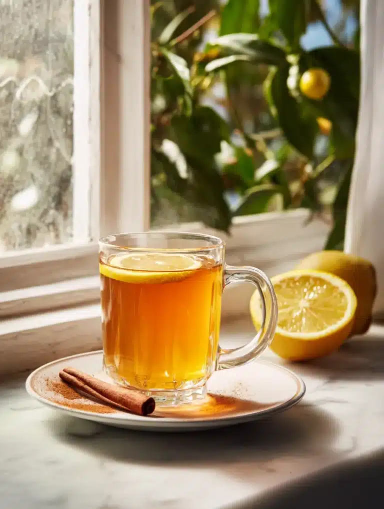Glass mug of cinnamon and citrus detox tea