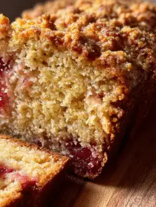Rhubarb bread recipe with crumb topping and moist texture