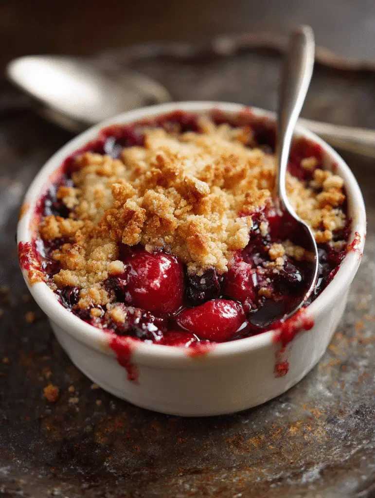 Bowl of strawberry rhubarb crisp served warm with crumble topping