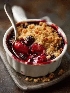 Rhubarb crisp recipe in ramekin with golden crumble topping