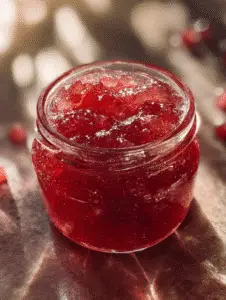 Rhubarb jam recipe in glass jar with natural light