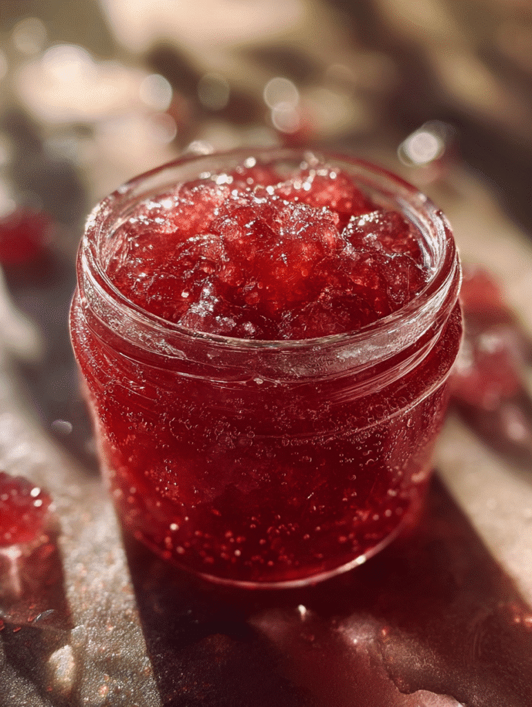 Fresh rhubarb jam recipe with glossy red texture