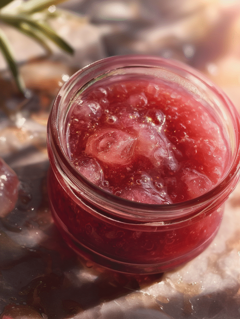Homemade rhubarb jam recipe in clear glass jar