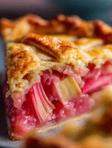Rhubarb pie recipe slice with golden crust and juicy filling