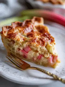 Rhubarb custard pie slice on plate with golden crust