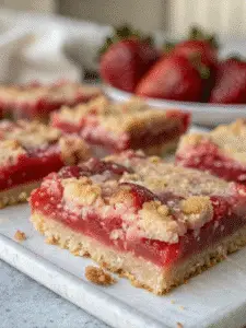 Strawberry rhubarb bars with buttery crust and crumb topping
