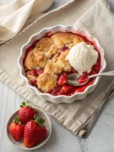 Plated strawberry rhubarb cobbler topped with melting vanilla ice cream