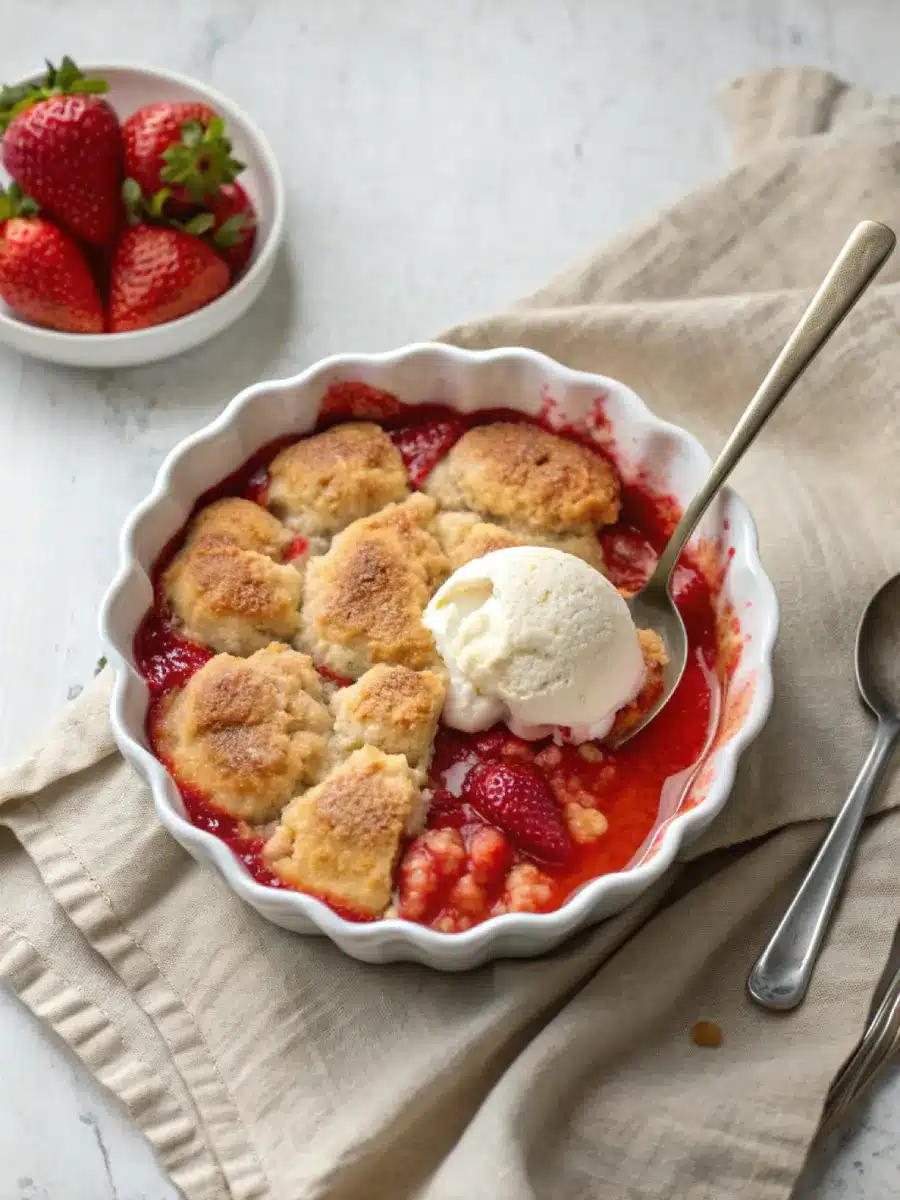 Classic strawberry rhubarb cobbler in a white baking dish