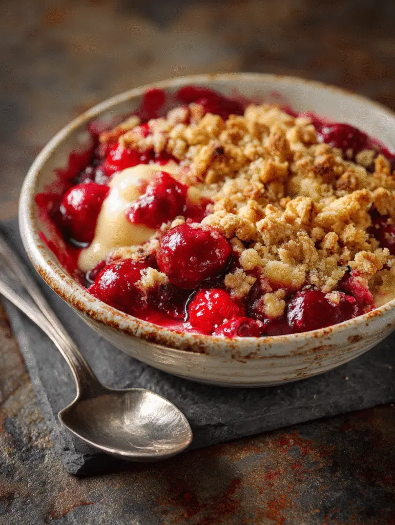 Strawberry rhubarb crisp with golden oat crumble topping