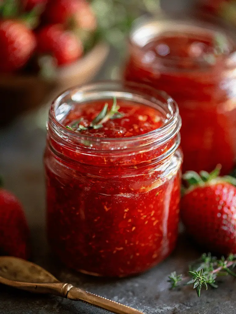 Rustic strawberry rhubarb jam with thyme garnish