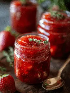 Strawberry rhubarb jam in glass jar with fresh strawberries