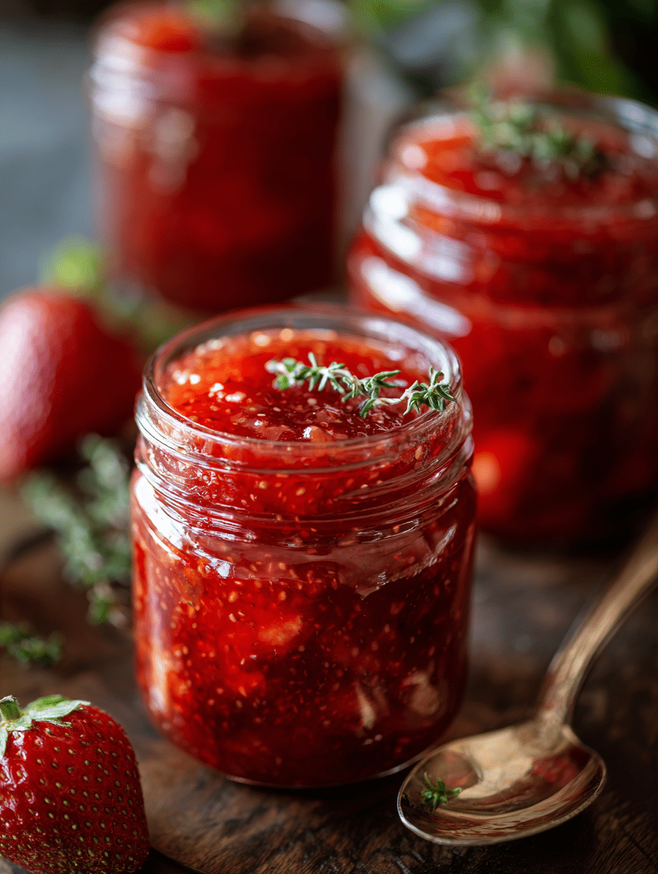 Strawberry rhubarb jam in glass jar with fresh strawberries